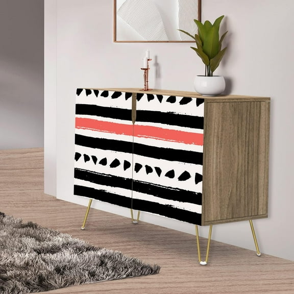 PixonSign Sideboard Buffet Cabinet, Kitchen Storage Cabinet with 2 Doors, Black & Red Geometric Line Patterns, Cupboard Console Table for Dining Room - 35" L x 18" W x 29" H