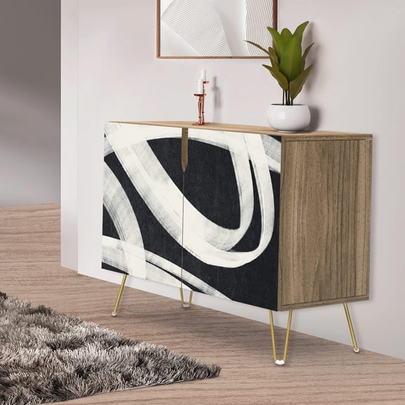 PixonSign Sideboard Buffet Cabinet, Kitchen Storage Cabinet with 2 Doors, Black & White Dark Ribbon Patterns, Cupboard Console Table for Dining Room - 35" L x 18" W x 29" H