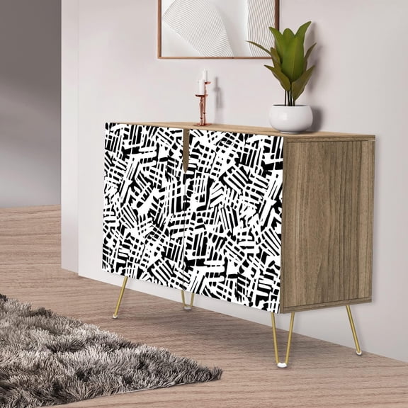 PixonSign Sideboard Buffet Cabinet, Kitchen Storage Cabinet with 2 Doors, Black & White Grunge Paint, Cupboard Console Table for Dining Room - 35" L x 18" W x 29" H