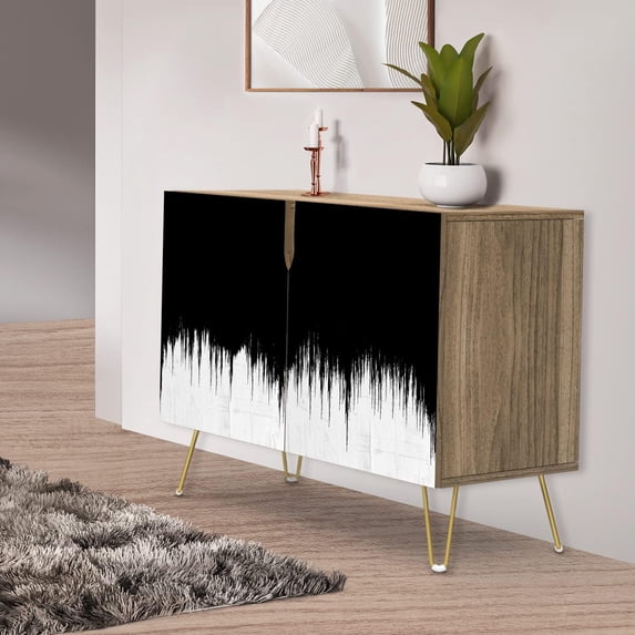 PixonSign Sideboard Buffet Cabinet, Kitchen Storage Cabinet with 2 Doors, Black & White Grunge Paint Pattern, Cupboard Console Table for Dining Room - 35" L x 18" W x 29" H
