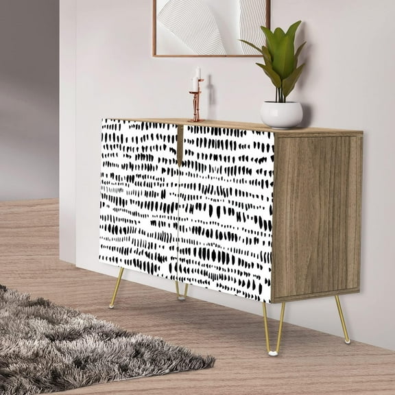PixonSign Sideboard Buffet Cabinet, Kitchen Storage Cabinet with 2 Doors, Black & White Line Art Paint Strokes Pattern, Cupboard Console Table for Dining Room - 35" L x 18" W x 29" H
