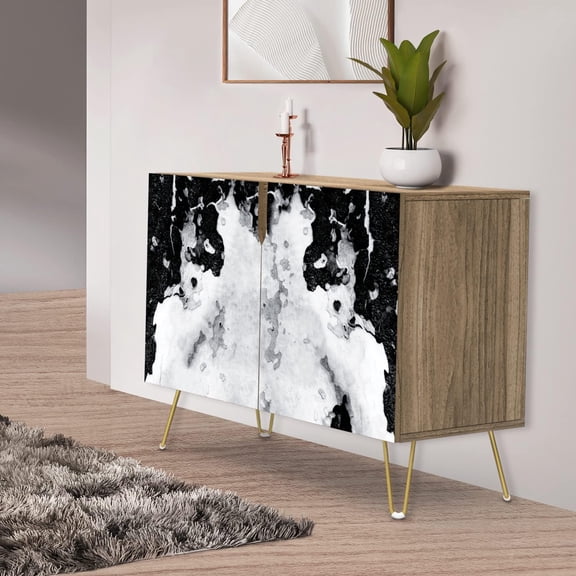 PixonSign Sideboard Buffet Cabinet, Kitchen Storage Cabinet with 2 Doors, Black & White Marble Granite Pattern, Cupboard Console Table for Dining Room - 35" L x 18" W x 29" H