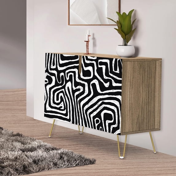 PixonSign Sideboard Buffet Cabinet, Kitchen Storage Cabinet with 2 Doors, Black & White Mid-Century Patterns, Cupboard Console Table for Dining Room - 35" L x 18" W x 29" H