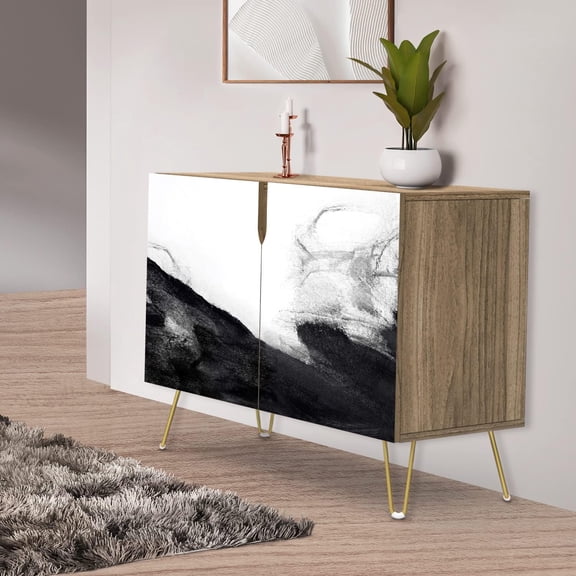 PixonSign Sideboard Buffet Cabinet, Kitchen Storage Cabinet with 2 Doors, Black White Paint Stroke Swirls, Cupboard Console Table for Dining Room - 35" L x 18" W x 29" H