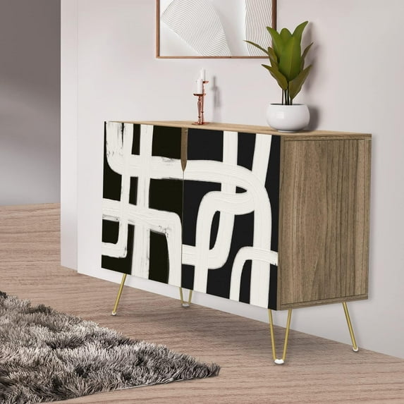 PixonSign Sideboard Buffet Cabinet, Kitchen Storage Cabinet with 2 Doors, Black & White Polygon Line Zen Style Patterns, Cupboard Console Table for Dining Room - 35" L x 18" W x 29" H