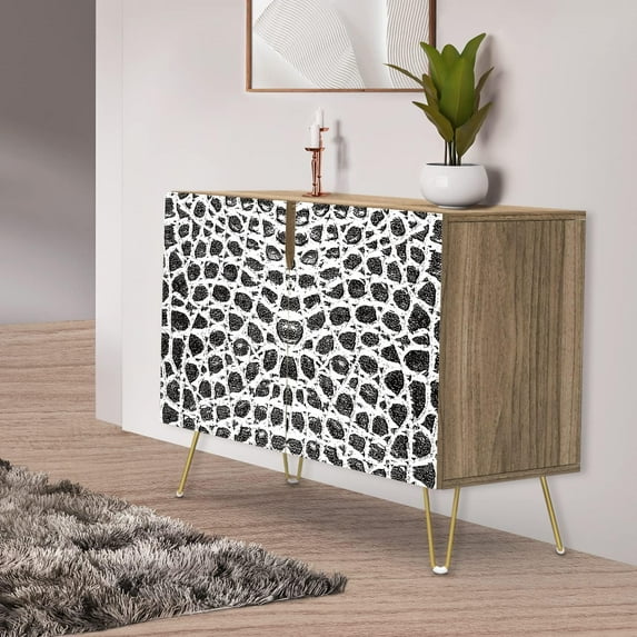 PixonSign Sideboard Buffet Cabinet, Kitchen Storage Cabinet with 2 Doors, Black & White Polygon Patterns, Cupboard Console Table for Dining Room - 35" L x 18" W x 29" H