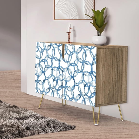 PixonSign Sideboard Buffet Cabinet, Kitchen Storage Cabinet with 2 Doors, Blue & White Geometric Ring Pattern, Cupboard Console Table for Dining Room - 35" L x 18" W x 29" H