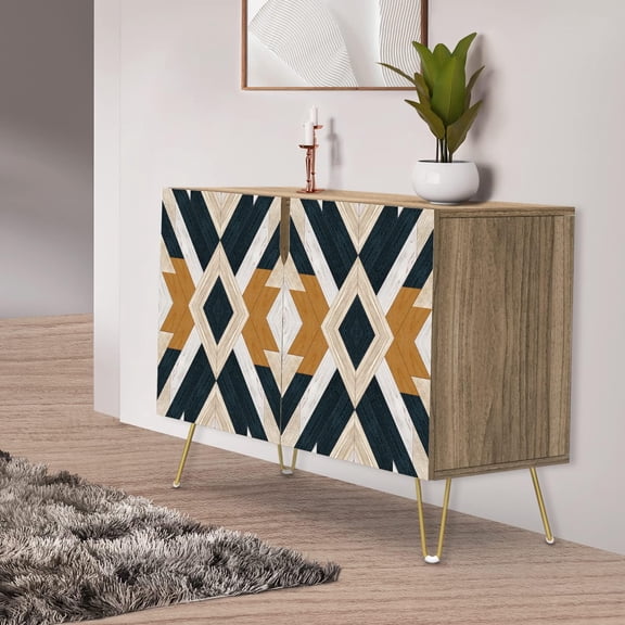 PixonSign Sideboard Buffet Cabinet, Kitchen Storage Cabinet with 2 Doors, Brown Blue Geometric Diamond, Cupboard Console Table for Dining Room - 35" L x 18" W x 29" H