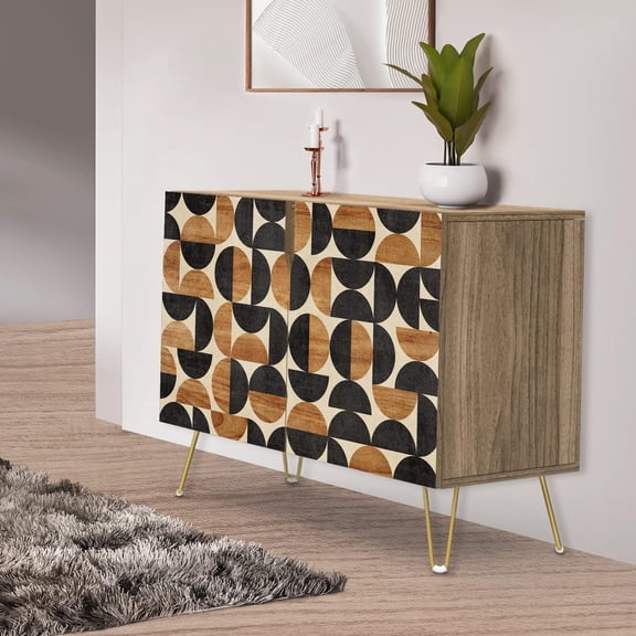 PixonSign Sideboard Buffet Cabinet, Kitchen Storage Cabinet with 2 Doors, Brown & Blue Retro Polygon Pattern, Cupboard Console Table for Dining Room - 35" L x 18" W x 29" H