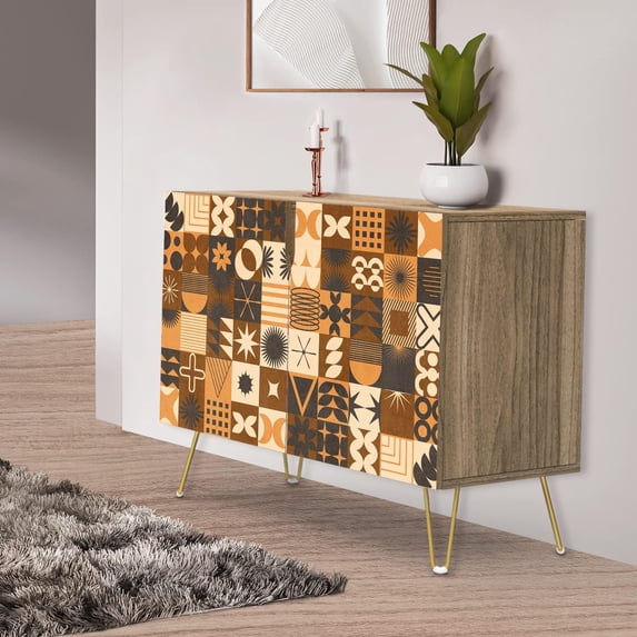 PixonSign Sideboard Buffet Cabinet, Kitchen Storage Cabinet with 2 Doors, Brown Polygon Collage Pattern, Cupboard Console Table for Dining Room - 35" L x 18" W x 29" H