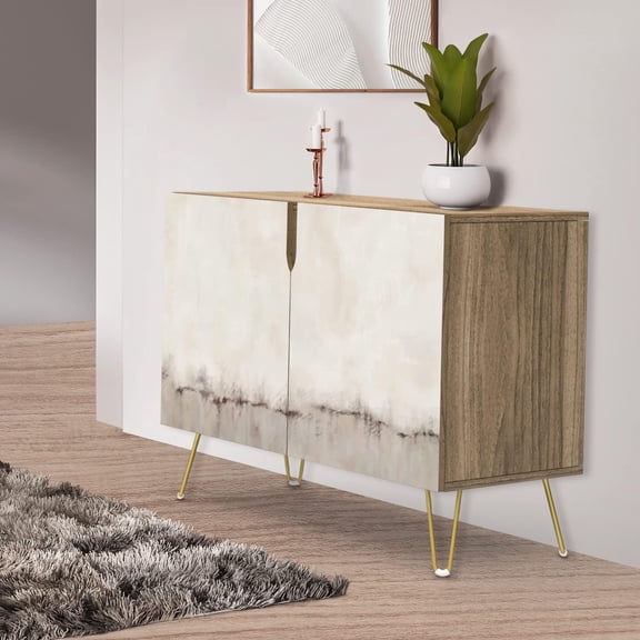 PixonSign Sideboard Buffet Cabinet, Kitchen Storage Cabinet with 2 Doors, Brown Tan Industrial Color Blocks, Cupboard Console Table for Dining Room - 35" L x 18" W x 29" H