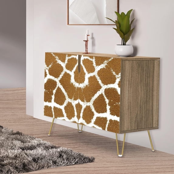 PixonSign Sideboard Buffet Cabinet, Kitchen Storage Cabinet with 2 Doors, Brown White Geometric Polygon Patterns, Cupboard Console Table for Dining Room - 35" L x 18" W x 29" H