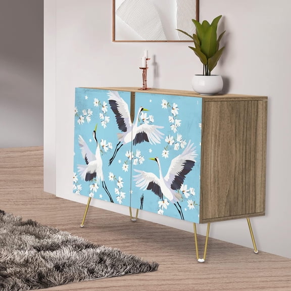 PixonSign Sideboard Buffet Cabinet, Kitchen Storage Cabinet with 2 Doors, Cherry Blossom Chinese Crane Pattern, Cupboard Console Table for Dining Room - 35" L x 18" W x 29" H