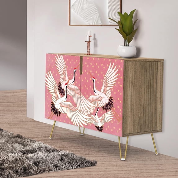 PixonSign Sideboard Buffet Cabinet, Kitchen Storage Cabinet with 2 Doors, Colorful Chinese Crane Bird Pattern, Cupboard Console Table for Dining Room - 35" L x 18" W x 29" H