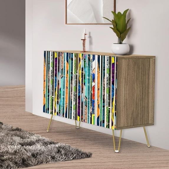 PixonSign Sideboard Buffet Cabinet, Kitchen Storage Cabinet with 2 Doors, Colorful Vibrant Stripe Pattern, Cupboard Console Table for Dining Room - 35" L x 18" W x 29" H