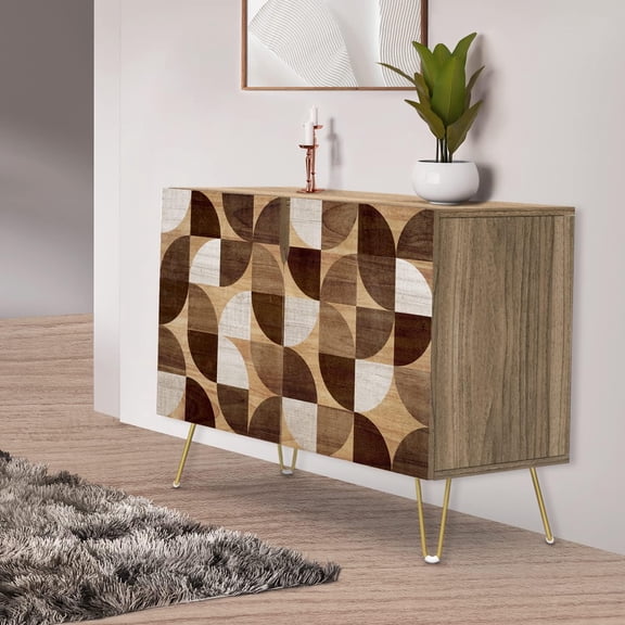 PixonSign Sideboard Buffet Cabinet, Kitchen Storage Cabinet with 2 Doors, Dark Brown & White Polygon Pattern, Cupboard Console Table for Dining Room - 35" L x 18" W x 29" H