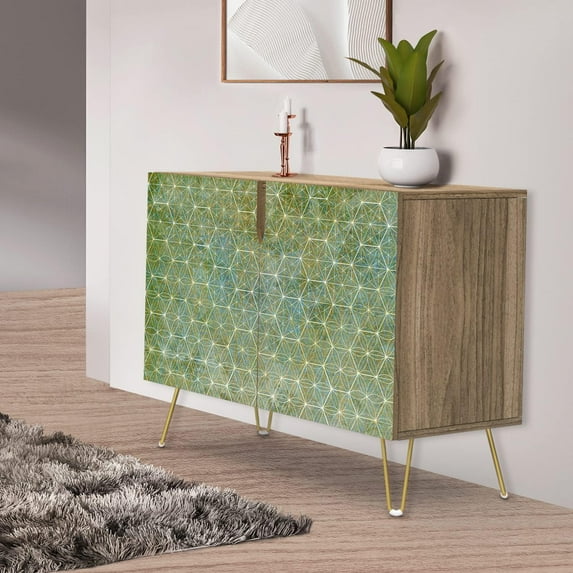 PixonSign Sideboard Buffet Cabinet, Kitchen Storage Cabinet with 2 Doors, Dark Green Geometric Hexagon Patterns, Cupboard Console Table for Dining Room - 35" L x 18" W x 29" H