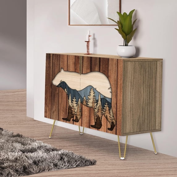 PixonSign Sideboard Buffet Cabinet, Kitchen Storage Cabinet with 2 Doors, Double Exposure Wood Panel Bear Forest, Cupboard Console Table for Dining Room - 35" L x 18" W x 29" H