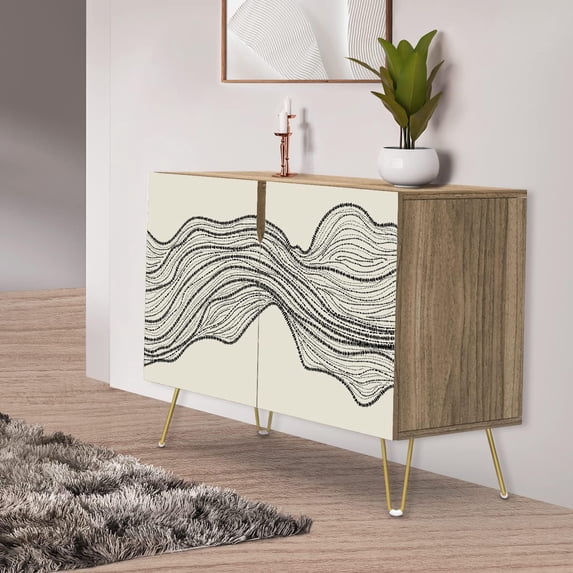 PixonSign Sideboard Buffet Cabinet, Kitchen Storage Cabinet with 2 Doors, Duotone Black Geometric Landscape, Cupboard Console Table for Dining Room - 35" L x 18" W x 29" H
