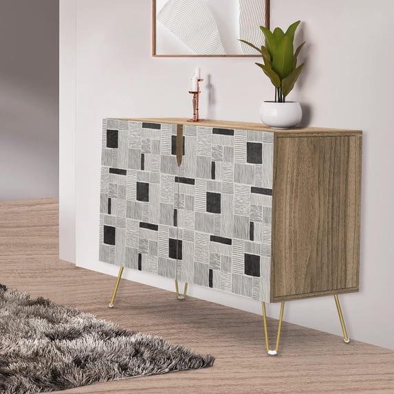 PixonSign Sideboard Buffet Cabinet, Kitchen Storage Cabinet with 2 Doors, Duotone Gray & Black Polygon Pattern, Cupboard Console Table for Dining Room - 35" L x 18" W x 29" H
