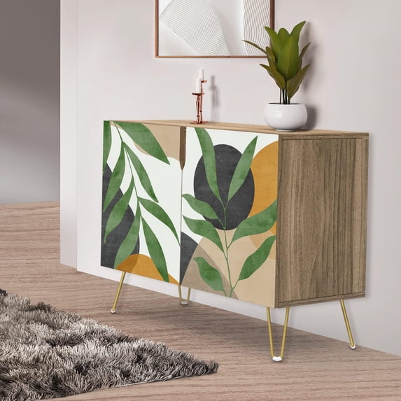 PixonSign Sideboard Buffet Cabinet, Kitchen Storage Cabinet with 2 Doors, Forest Plant & Geometric Sphere Circles, Cupboard Console Table for Dining Room - 35" L x 18" W x 29" H