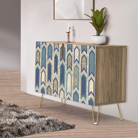 PixonSign Sideboard Buffet Cabinet, Kitchen Storage Cabinet with 2 Doors, Geometric Blue & Tan Polygon Pattern, Cupboard Console Table for Dining Room - 35" L x 18" W x 29" H