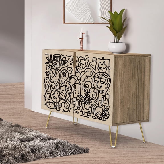 PixonSign Sideboard Buffet Cabinet, Kitchen Storage Cabinet with 2 Doors, Geometric Floral Botanical, Cupboard Console Table for Dining Room - 35" L x 18" W x 29" H