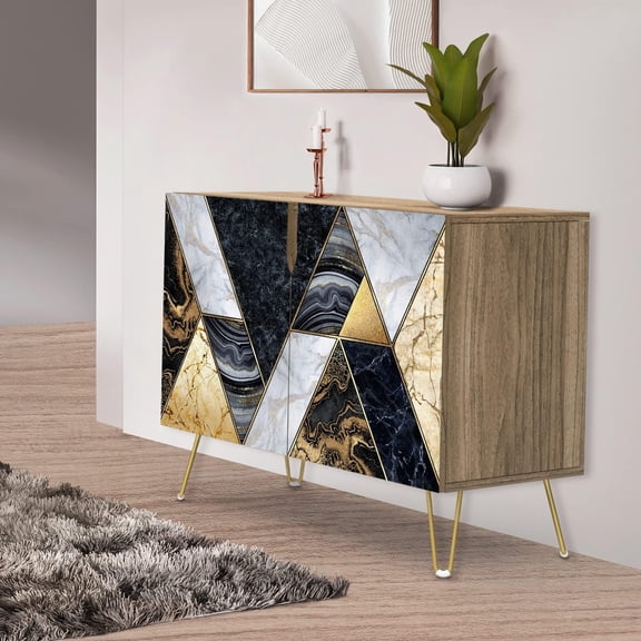 PixonSign Sideboard Buffet Cabinet, Kitchen Storage Cabinet with 2 Doors, Geometric Gold Bronze Circle Pattern, Cupboard Console Table for Dining Room - 35" L x 18" W x 29" H