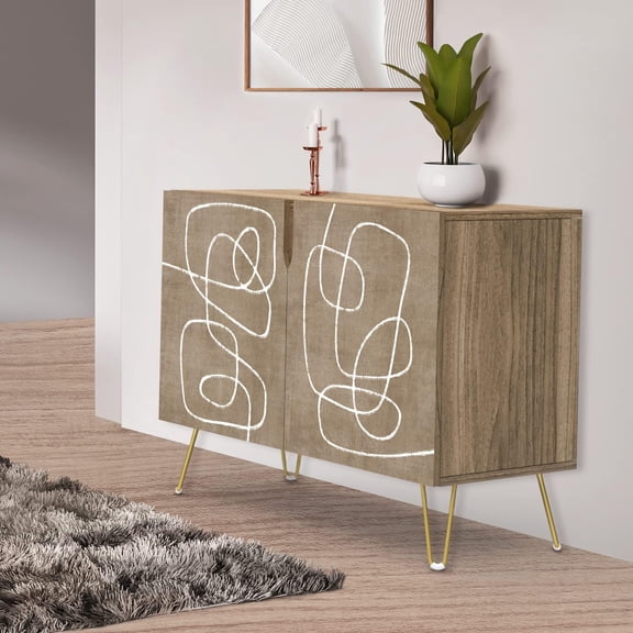 PixonSign Sideboard Buffet Cabinet, Kitchen Storage Cabinet with 2 Doors, Geometric Pastel Line Pattern, Cupboard Console Table for Dining Room - 35" L x 18" W x 29" H