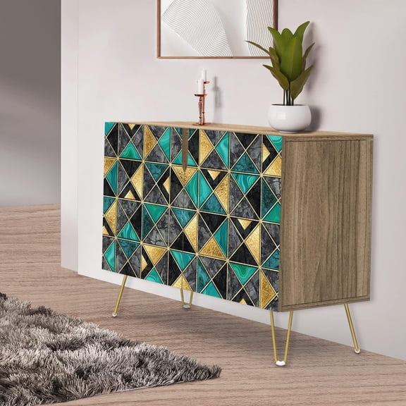 PixonSign Sideboard Buffet Cabinet, Kitchen Storage Cabinet with 2 Doors, Gold & Teal Vibrant Tile Patterns, Cupboard Console Table for Dining Room - 35" L x 18" W x 29" H