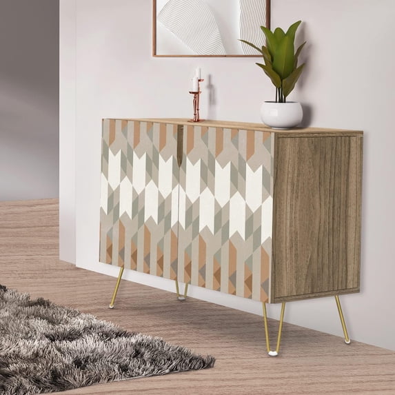 PixonSign Sideboard Buffet Cabinet, Kitchen Storage Cabinet with 2 Doors, Gray & Brown Geometric Polygons, Cupboard Console Table for Dining Room - 35" L x 18" W x 29" H