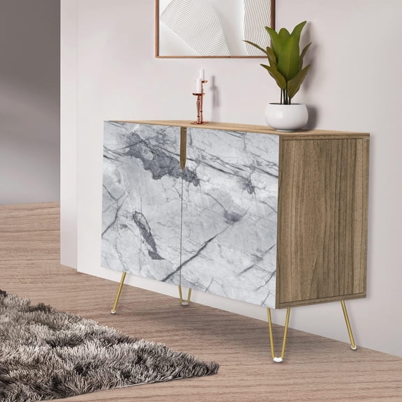 PixonSign Sideboard Buffet Cabinet, Kitchen Storage Cabinet with 2 Doors, Gray & White Marble Granite Pattern, Cupboard Console Table for Dining Room - 35" L x 18" W x 29" H