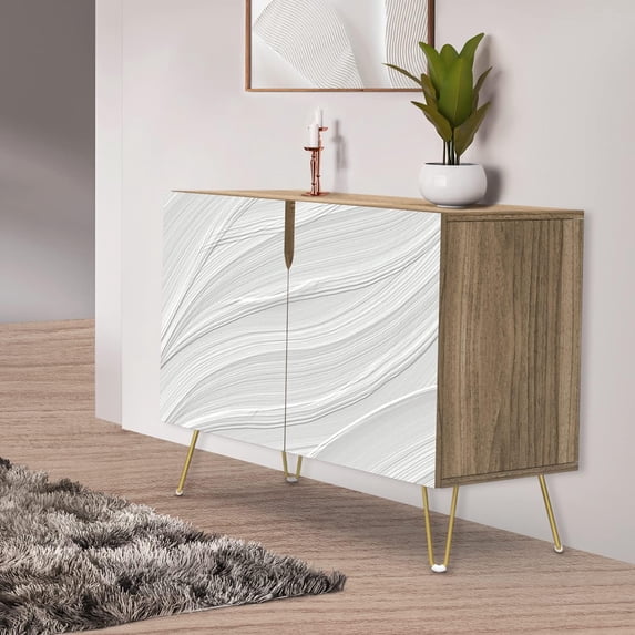 PixonSign Sideboard Buffet Cabinet, Kitchen Storage Cabinet with 2 Doors, Gray & White Paint Stroke, Cupboard Console Table for Dining Room - 35" L x 18" W x 29" H