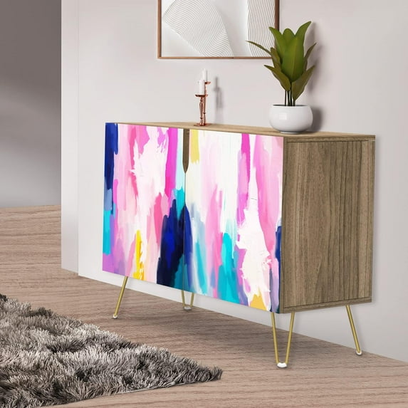 PixonSign Sideboard Buffet Cabinet, Kitchen Storage Cabinet with 2 Doors, Hot Pink Vibrant Teal Paint, Cupboard Console Table for Dining Room - 35" L x 18" W x 29" H