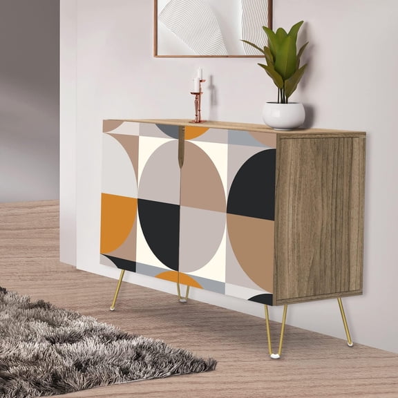 PixonSign Sideboard Buffet Cabinet, Kitchen Storage Cabinet with 2 Doors, Mid-Century Geometric Circle Patterns, Cupboard Console Table for Dining Room - 35" L x 18" W x 29" H