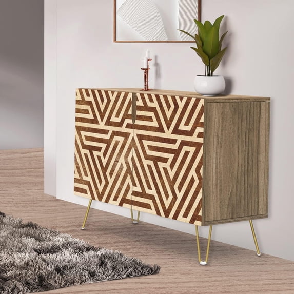 PixonSign Sideboard Buffet Cabinet, Kitchen Storage Cabinet with 2 Doors, Mid-Century Geometric Polygon Mazen, Cupboard Console Table for Dining Room - 35" L x 18" W x 29" H