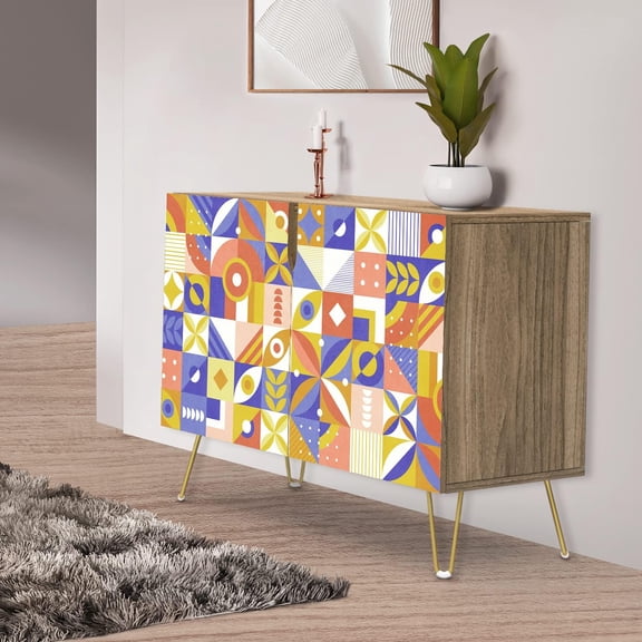 PixonSign Sideboard Buffet Cabinet, Kitchen Storage Cabinet with 2 Doors, Mid-Century Retro Vibrant, Cupboard Console Table for Dining Room - 35" L x 18" W x 29" H