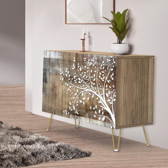 PixonSign Sideboard Buffet Cabinet, Kitchen Storage Cabinet with 2 Doors, Mid-Century Tree Silhouetten, Cupboard Console Table for Dining Room - 35" L x 18" W x 29" H