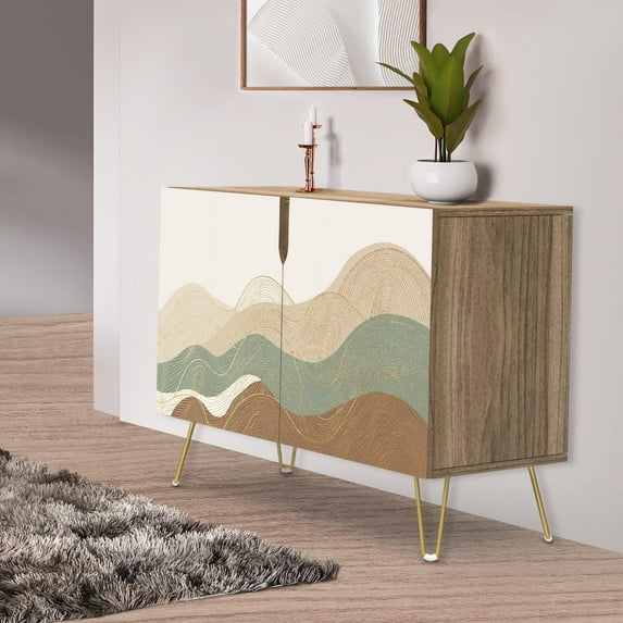 PixonSign Sideboard Buffet Cabinet, Kitchen Storage Cabinet with 2 Doors, Multicolor Geometric Mountain, Cupboard Console Table for Dining Room - 35" L x 18" W x 29" H