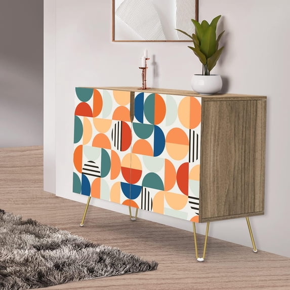 PixonSign Sideboard Buffet Cabinet, Kitchen Storage Cabinet with 2 Doors, Orange & Blue Retro Polygon Pattern, Cupboard Console Table for Dining Room - 35" L x 18" W x 29" H