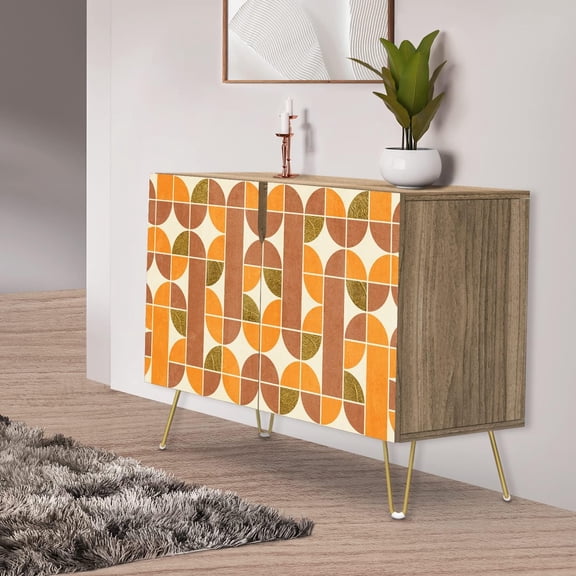 PixonSign Sideboard Buffet Cabinet, Kitchen Storage Cabinet with 2 Doors, Orange & Brown Retro Polygon Pattern, Cupboard Console Table for Dining Room - 35" L x 18" W x 29" H