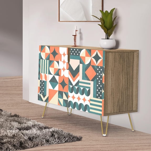 PixonSign Sideboard Buffet Cabinet, Kitchen Storage Cabinet with 2 Doors, Orange & Teal Star Circle, Cupboard Console Table for Dining Room - 35" L x 18" W x 29" H