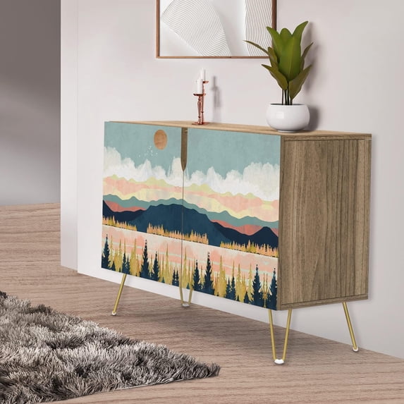 PixonSign Sideboard Buffet Cabinet, Kitchen Storage Cabinet with 2 Doors, Pastel Colorful Mountain Forest, Cupboard Console Table for Dining Room - 35" L x 18" W x 29" H