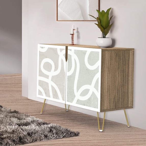 PixonSign Sideboard Buffet Cabinet, Kitchen Storage Cabinet with 2 Doors, Pastel Gray Geometric Line, Cupboard Console Table for Dining Room - 35" L x 18" W x 29" H