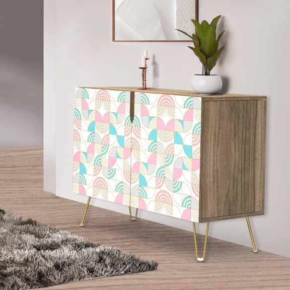 PixonSign Sideboard Buffet Cabinet, Kitchen Storage Cabinet with 2 Doors, Pastel Pink & Teal Polygon, Cupboard Console Table for Dining Room - 35" L x 18" W x 29" H