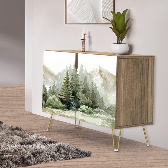 PixonSign Sideboard Buffet Cabinet, Kitchen Storage Cabinet with 2 Doors, Pastel Watercolor Pine Tree Fores, Cupboard Console Table for Dining Room - 35" L x 18" W x 29" H