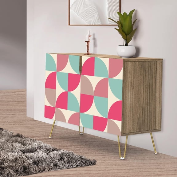 PixonSign Sideboard Buffet Cabinet, Kitchen Storage Cabinet with 2 Doors, Pink & Teal Retro Polygon Patternt, Cupboard Console Table for Dining Room - 35" L x 18" W x 29" H