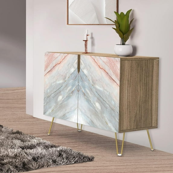 PixonSign Sideboard Buffet Cabinet, Kitchen Storage Cabinet with 2 Doors, Red & Gray Granite Marble Pattern, Cupboard Console Table for Dining Room - 35" L x 18" W x 29" H