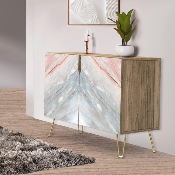PixonSign Sideboard Buffet Cabinet, Kitchen Storage Cabinet with 2 Doors, Red & Gray Granite Marble Pattern, Cupboard Console Table for Dining Room - 35" L x 18" W x 29" H