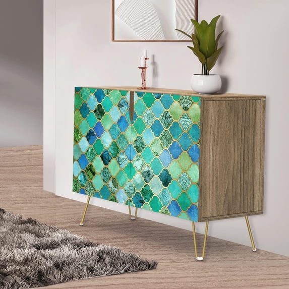 PixonSign Sideboard Buffet Cabinet, Kitchen Storage Cabinet with 2 Doors, Teal Green Vibrant Tile Patterns, Cupboard Console Table for Dining Room - 35" L x 18" W x 29" H